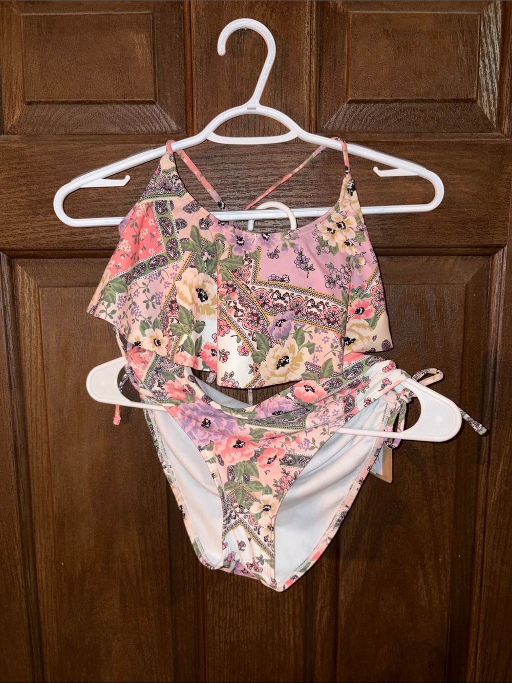 True Craft Pink Floral Paisley Ruffle Bikini Set